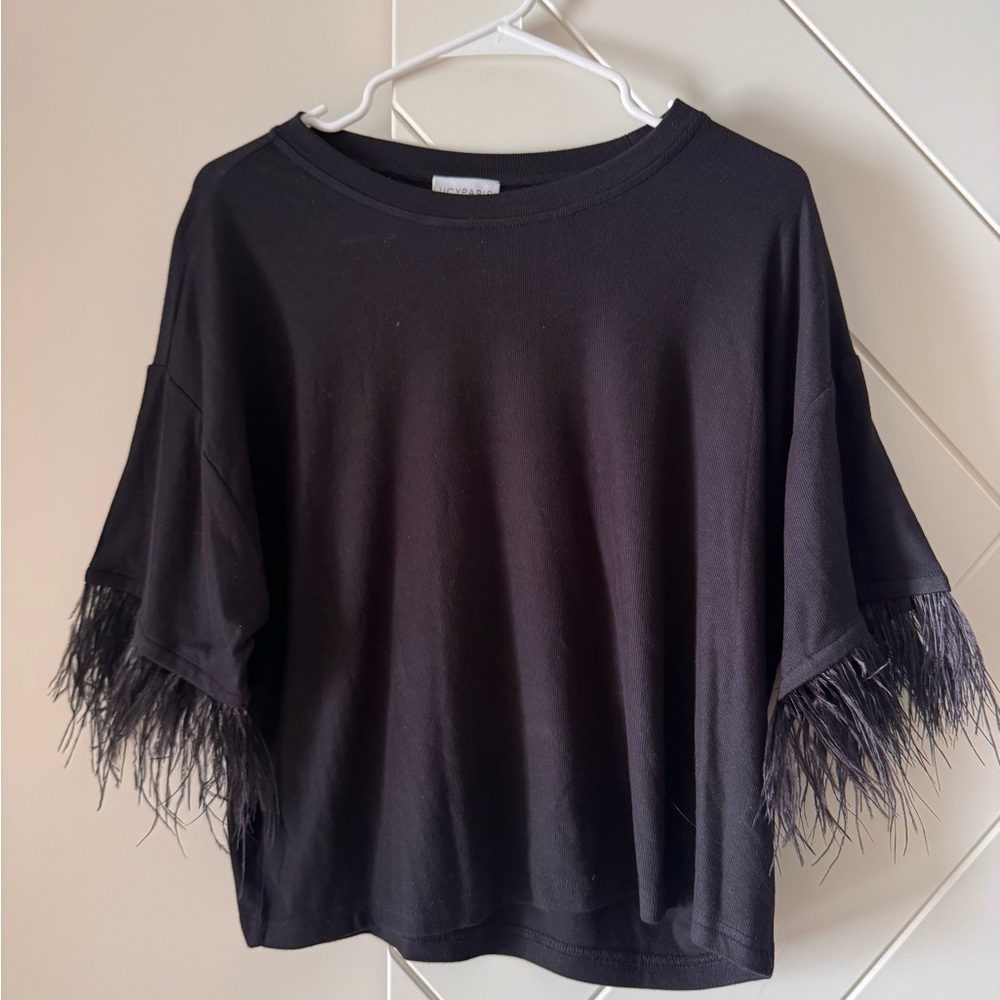 Lucy Paris Black Top with Feathered Sleeves